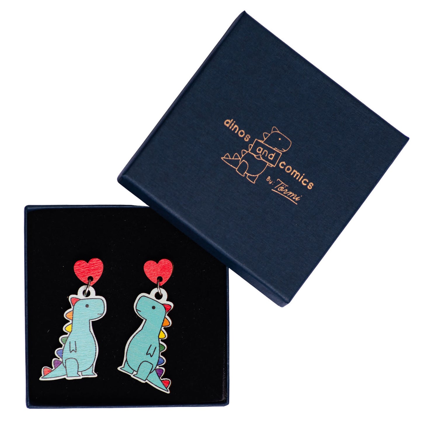 T-rex rainbow heart earrings