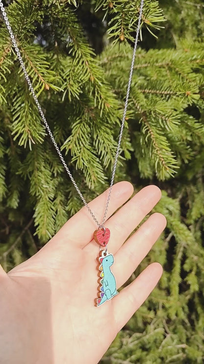 T-rex rainbow heart necklace