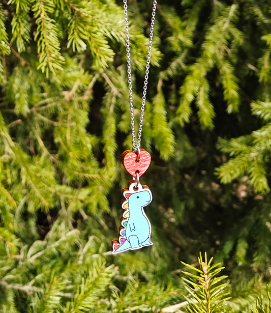 T-rex rainbow heart necklace