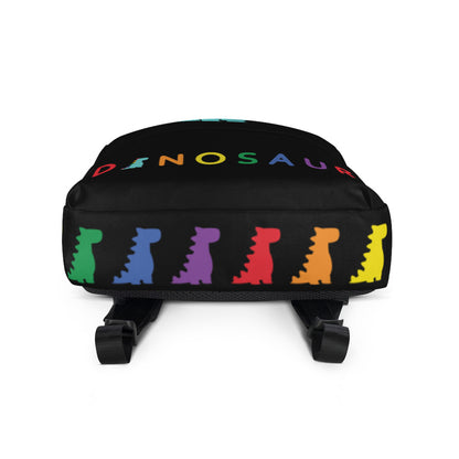 rainbow dino on black backpack