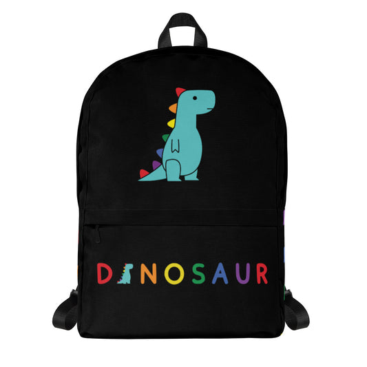 rainbow dino on black backpack