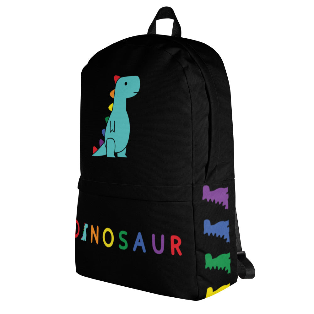 rainbow dino on black backpack