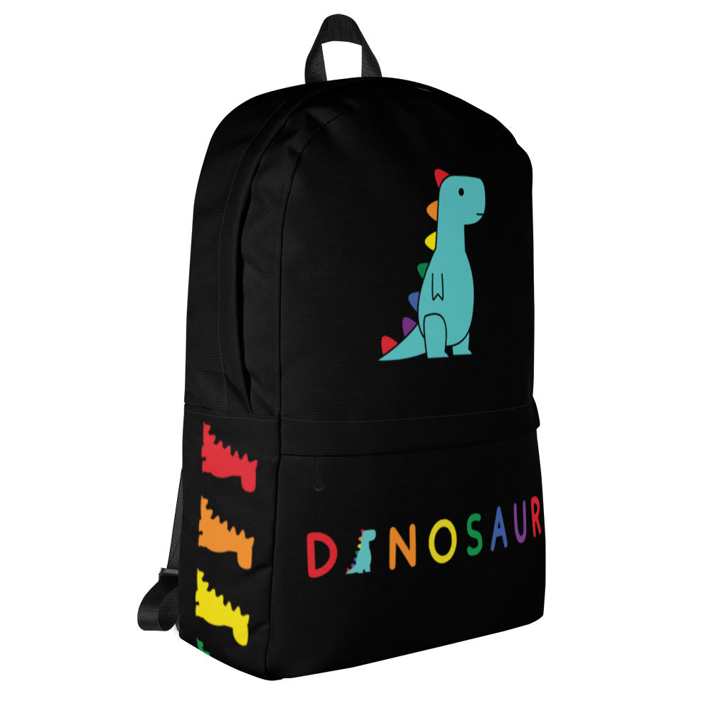 rainbow dino on black backpack