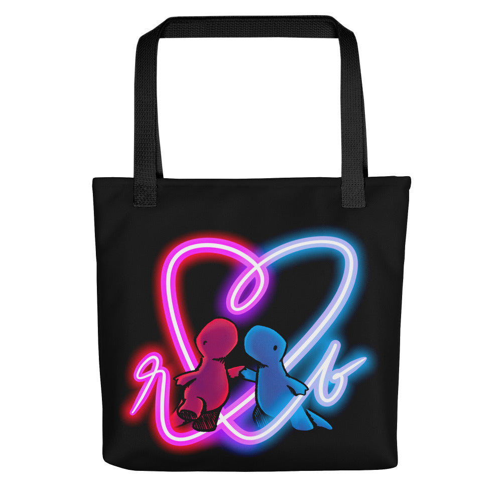 red and blue neon tote bag